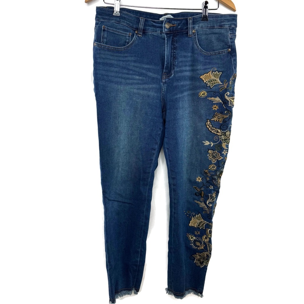 John Mark Blue Stretch Jeans with Gold Floral Embroidered Design size 10